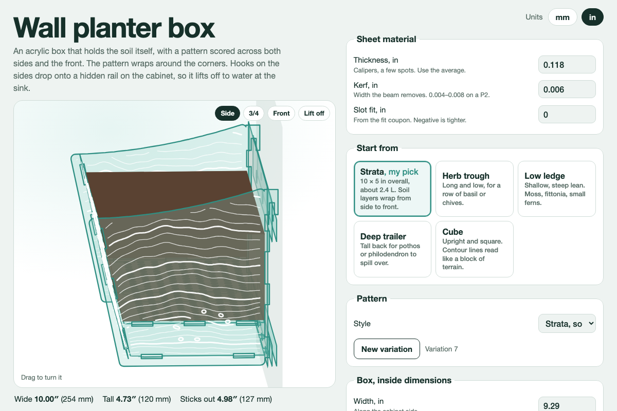 Wall planter box: a screenshot of the tool with its default settings