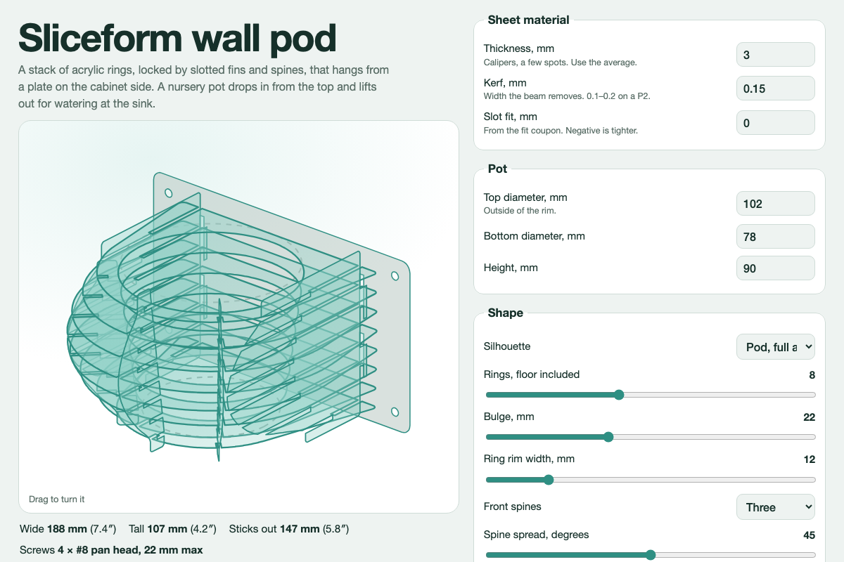Sliceform wall pod: a screenshot of the tool with its default settings